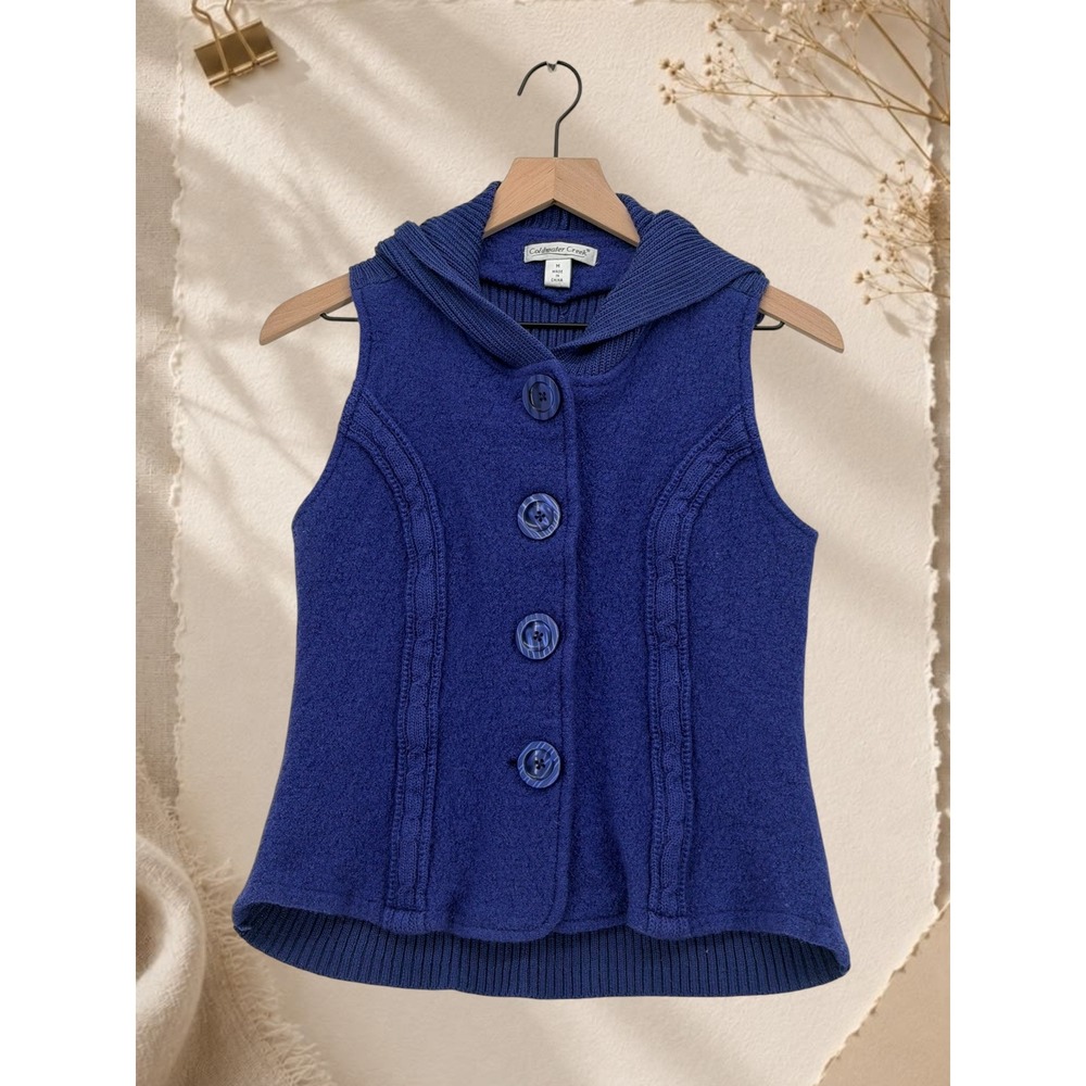 Coldwater Creek Hooded Button Front Knit Sweater Vest Blue Size M